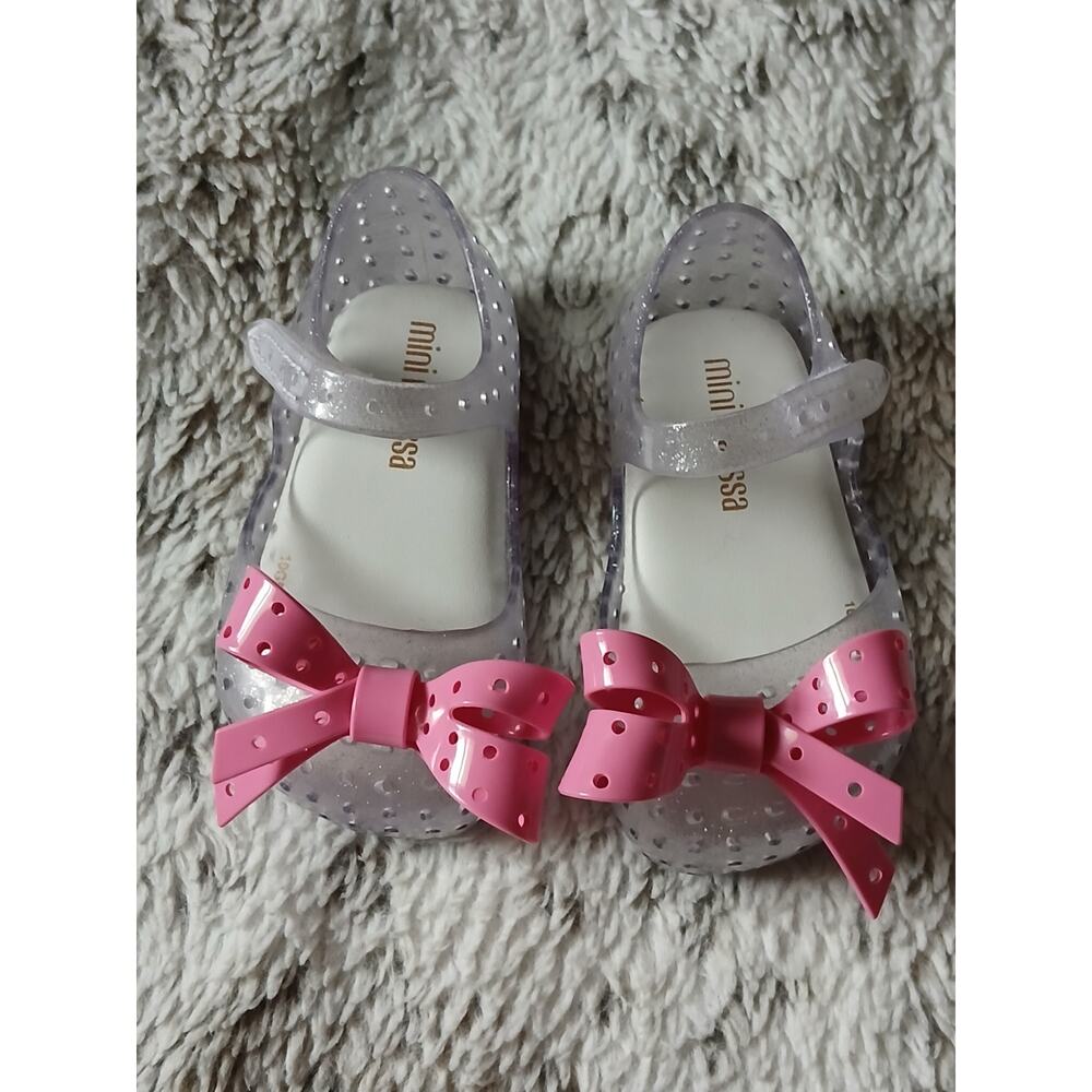 Mini Melissa Clear Silver Ultra Girl Pink Bow Shoes Sandals US 5